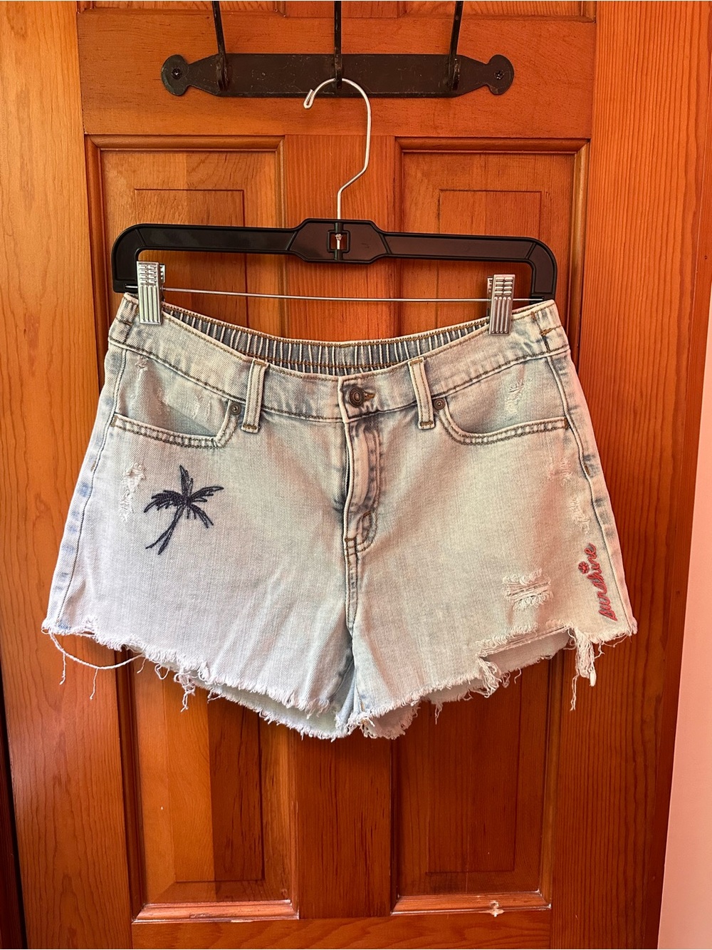 Aerie Light Wash Distressed Denim Shorts with Palm Embroidery, Size Small